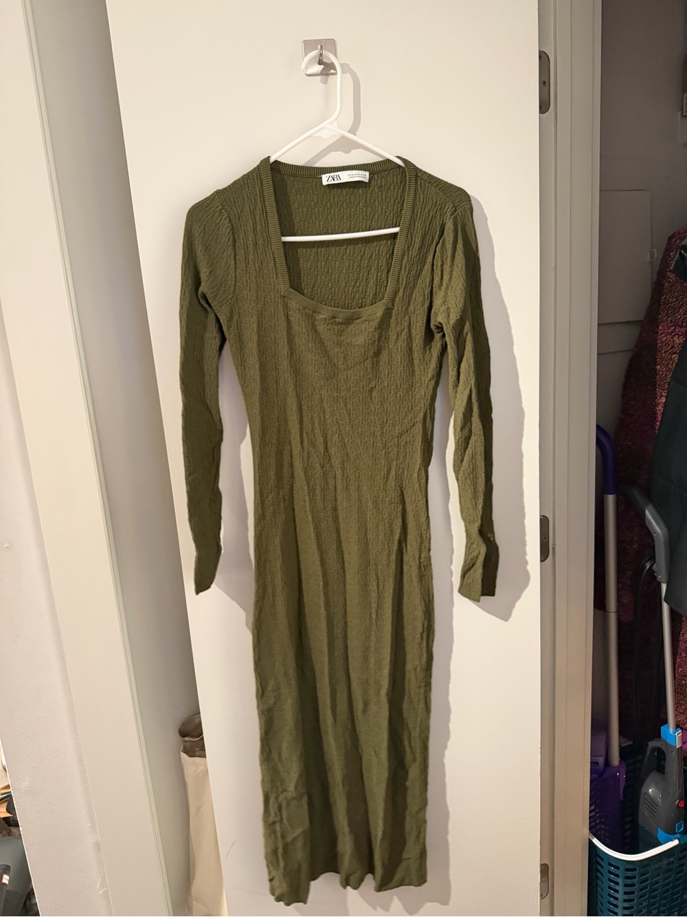 ZARA Olive Green Ribbed Square-Neck Midi Dress